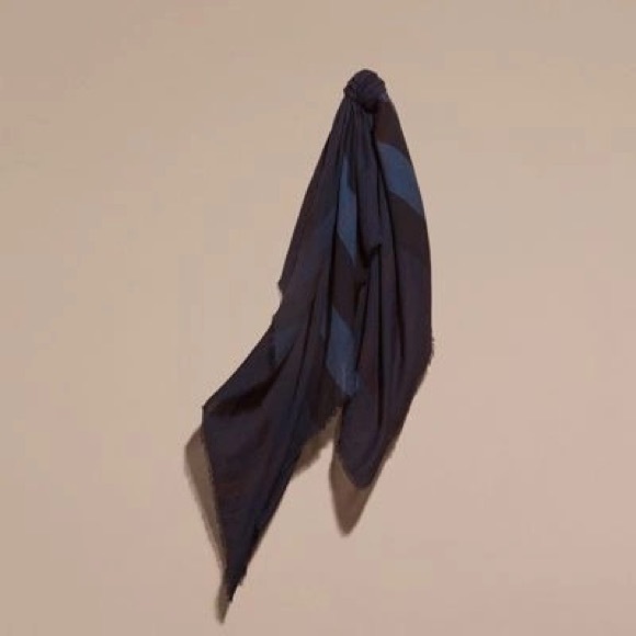 BURBERRY
 
Large Lightweight Check Silk Modal Wool Square Scarf In Navy - Picture 2 of 7